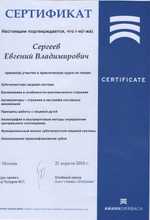 Сертификат выдан Сергееву Евгению Владимировичу, участнику мастер-класса «Артикуляторы в стоматологии»